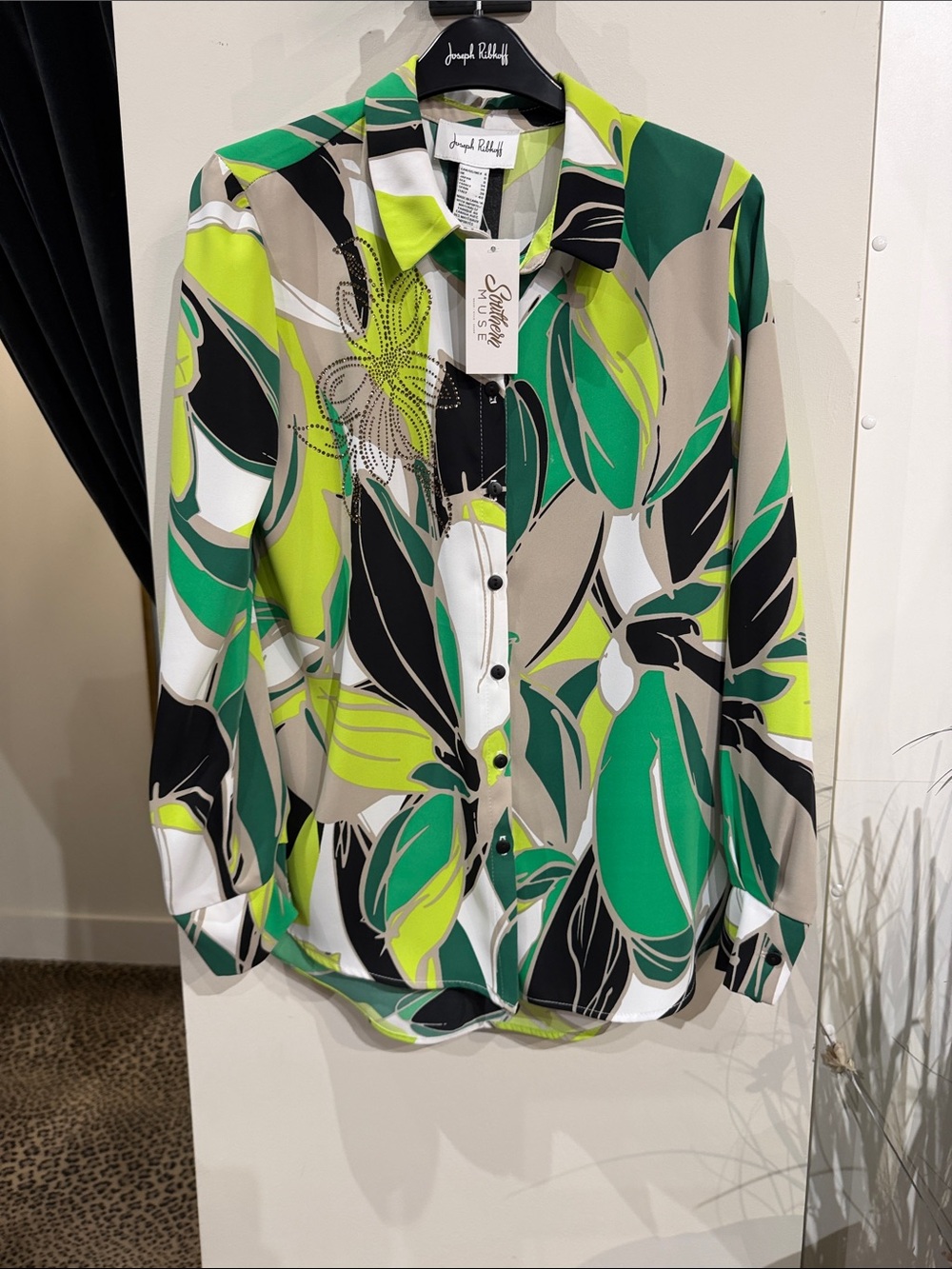 Joseph Ribkoff Green and Black Abstract Floral Button-Down Shirt
